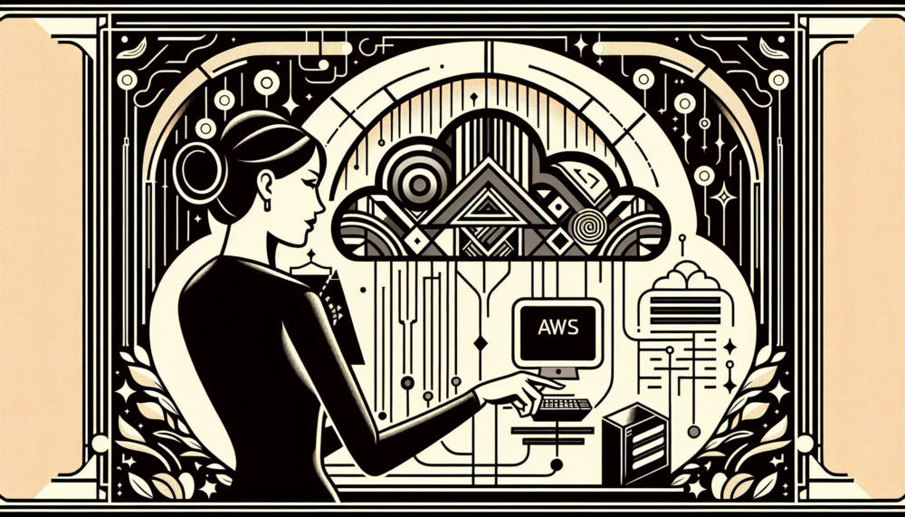 Art deco-style illustration of a person interacting with an ‘AWS’ labelled device, surrounded by geometric patterns and cloud computing icons, in black, white, and beige tones.