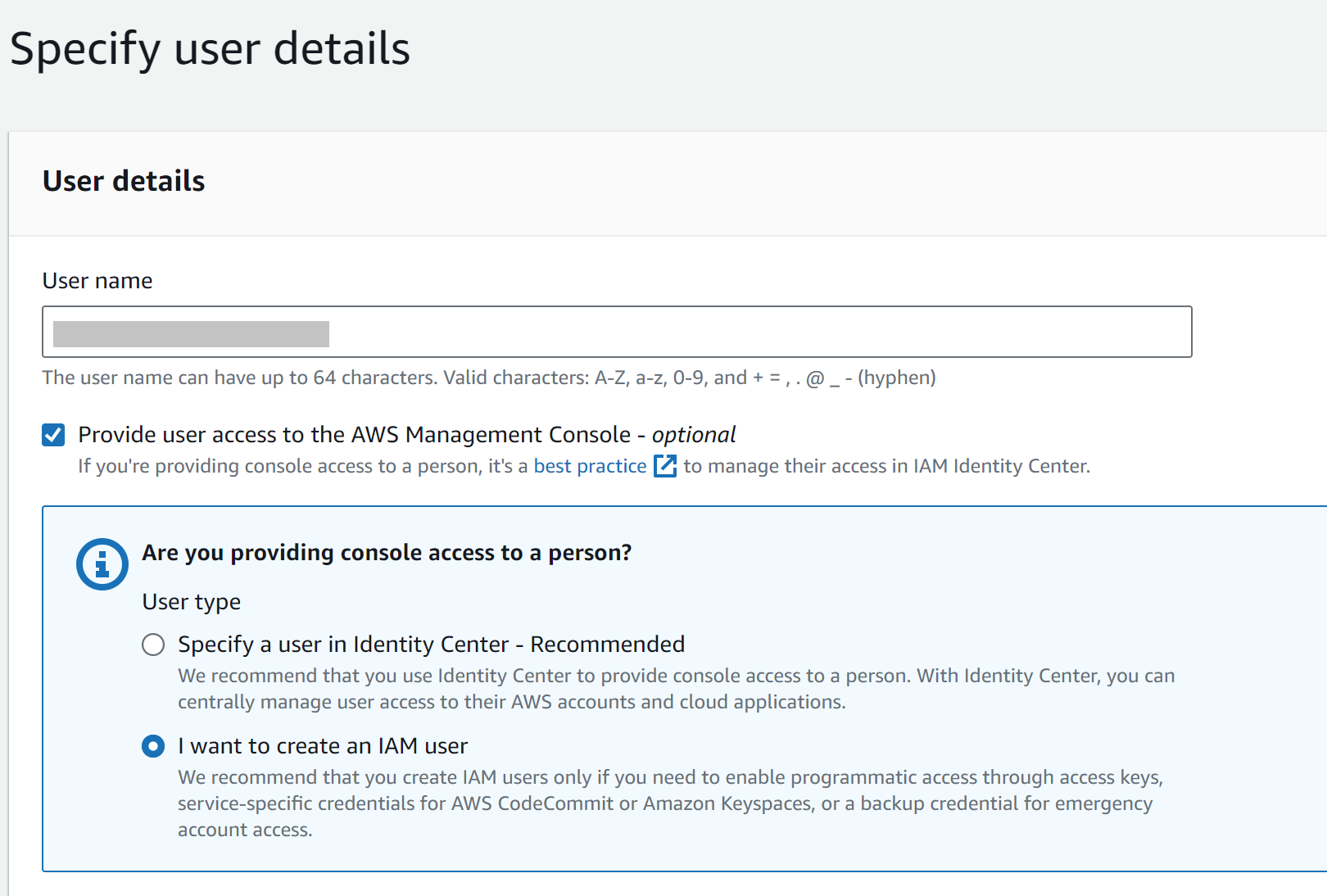 Screenshot of AWS Management Console interface for specifying user details, highlighting the ‘User name’ input field, console access options, and user type selection with radio buttons and informational icons
