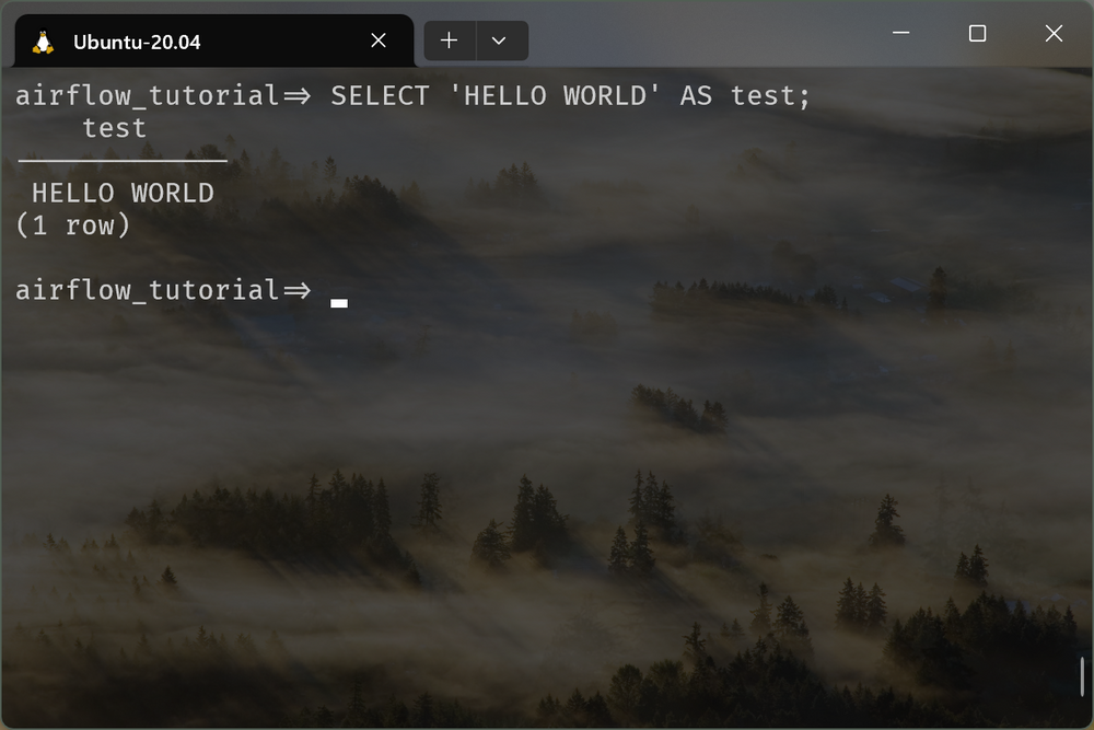 Screenshot of a SQL command 'SELECT HELLO WORLD AS test;' executed in an Ubuntu terminal with a prompt named 'airflow_tutorial'