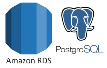 Amazon RDS and PostgreSQL logos side-by-side, featuring the blue hexagonal Amazon RDS icon and the blue outlined elephant head of the PostgreSQL logo on a white background