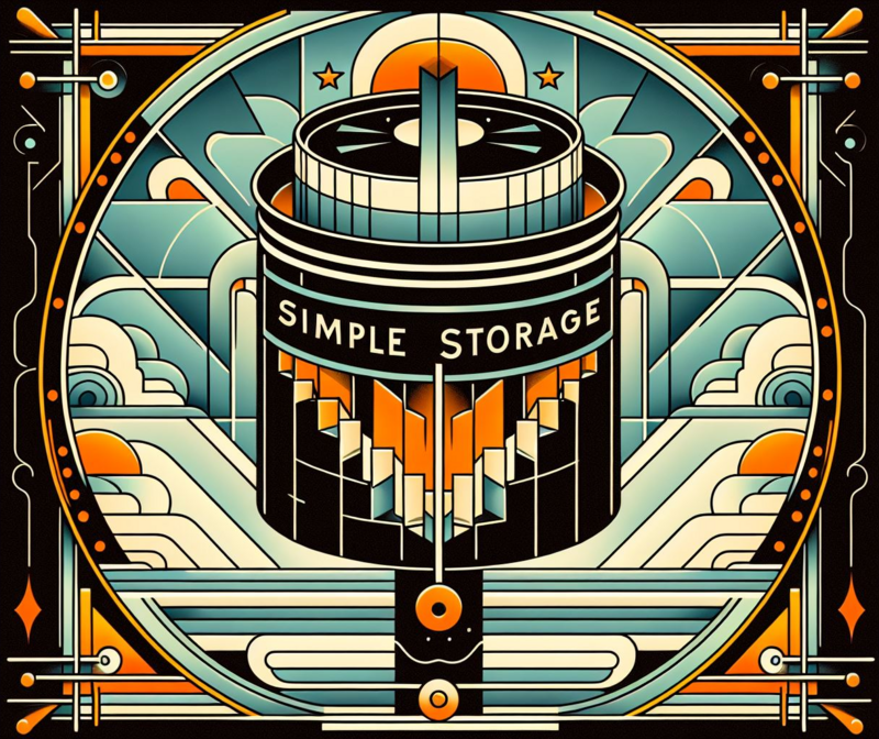 Artistic Art-Deco illustration of a ‘SIMPLE STORAGE’ cylindrical device surrounded by celestial clouds, stars, and mechanical elements, with a symmetrical design in orange, teal, black, and white tones.